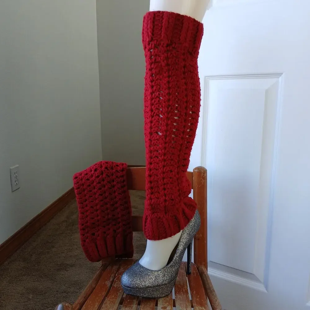 Cherry Red Leg Warmers OSFM crochet warm thick chunky over th knee dance premade